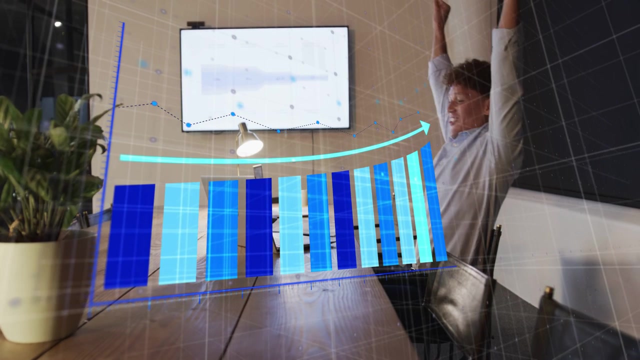 Businessman typing on laptop in conference, causing 3D bars rising with arrow, celebrating success