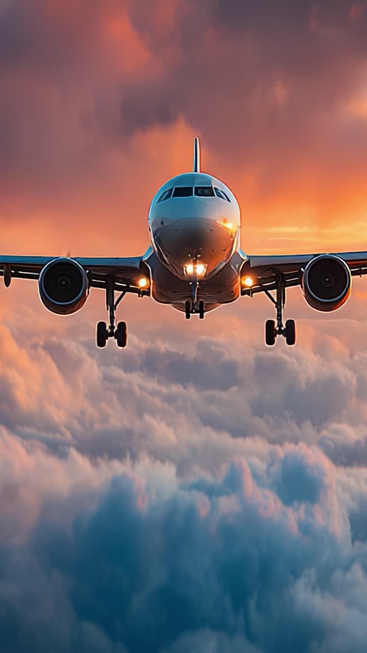 Una vista mozzafiato di un aereo che solca il cielo drammatico del tramonto sopra un mare di nuvole, illuminato da bagliori di luce dorata, catturando l'essenza del trasporto aereo