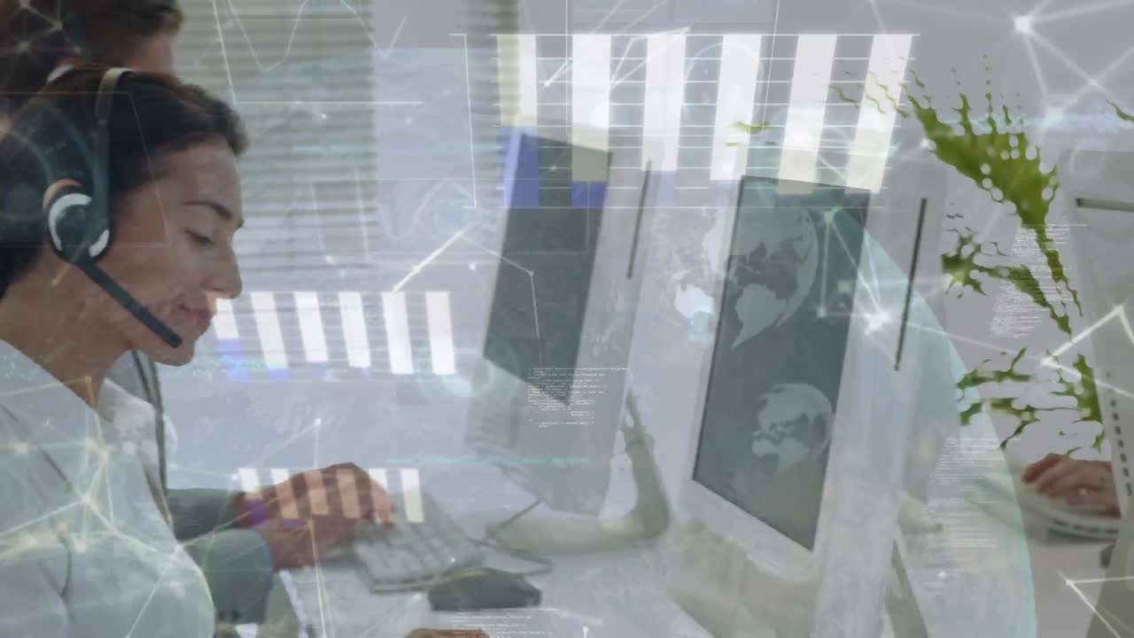 animación de la red de conexiones con iconos sobre personas de negocios que usan auriculares telefónicos