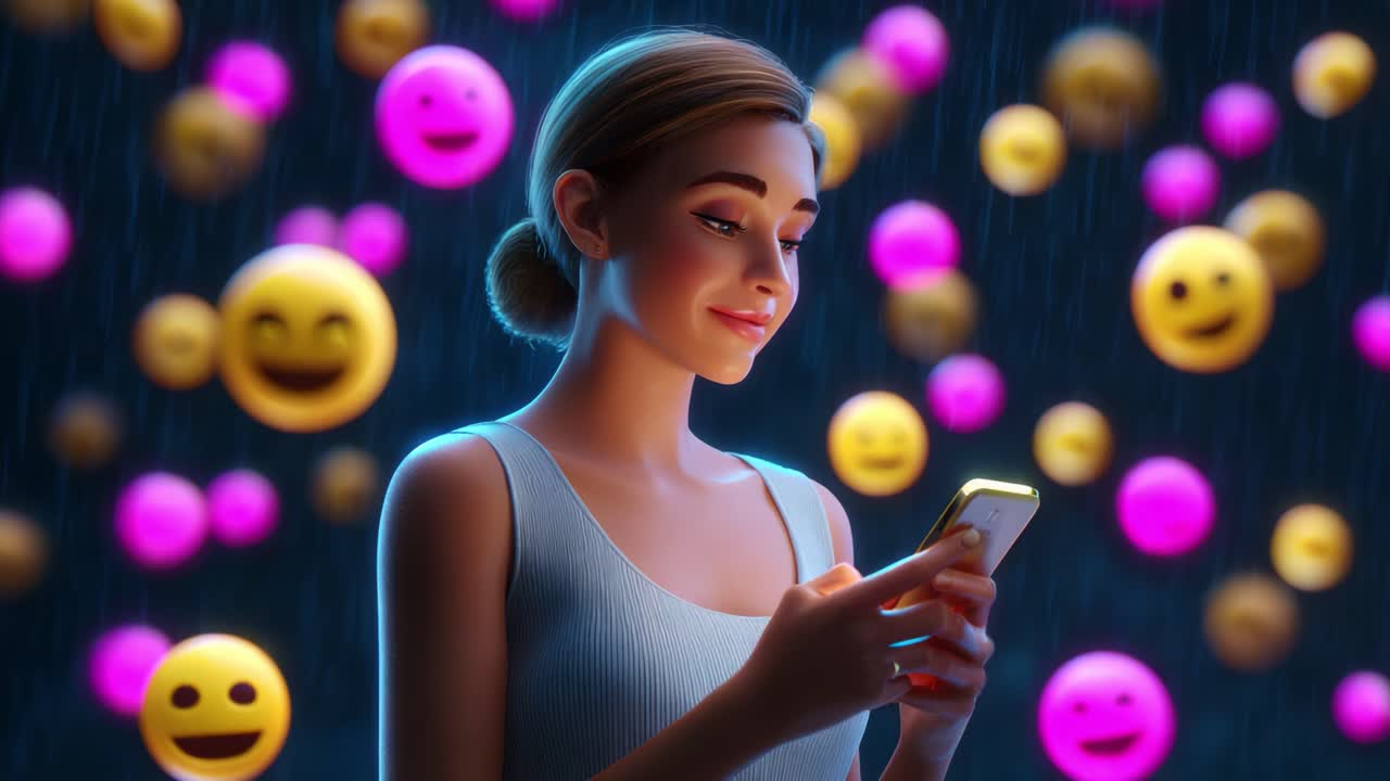 A Young Woman Enjoys a Digital Experience as She Interacts with Her Smartphone Surrounded by Floating Colorful Emojis in a Vivid and Playful Atmosphere, Capturing the Essence of Modern Communication