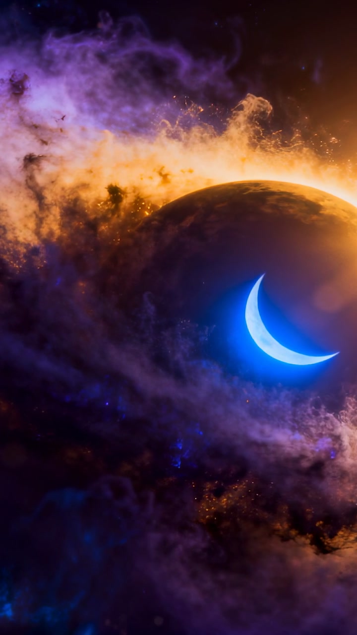 Pulsing partly lit planet glowing in space, showing bright blue crescent and purple nebula