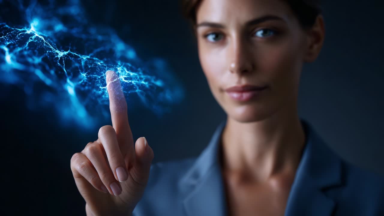 Futuristic Exploration: A Woman Connecting with Energy Through Her Finger in a Dark Environment, Channeling Electric Blue Forces with a Confident Gaze in a Unique Display of Interaction and Power