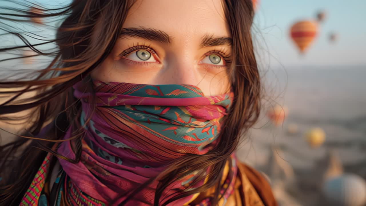 Filmato ravvicinato di una giovane donna con una sciarpa colorata che le copre il viso, vento tra i capelli, che guarda in lontananza mentre mongolfiere volano su una valle all'alba.