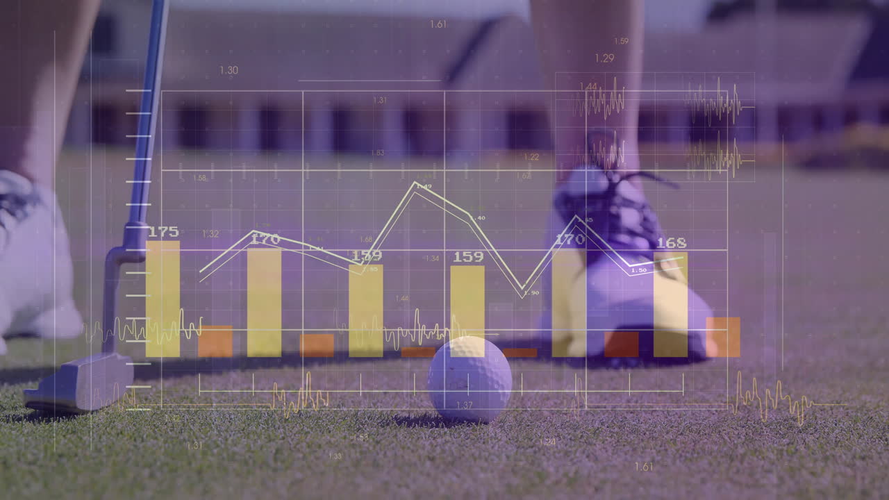 Golf ball on grass with data chart animation overlaying player's foot