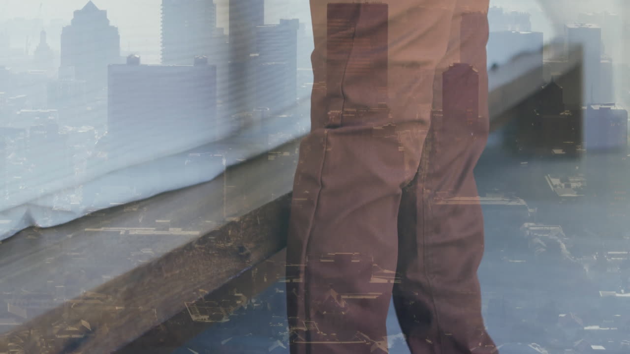 Standing in office, businessperson with cityscape animation overlay in background