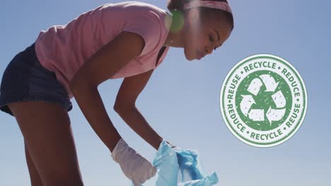 Animation-of-recycling-symbol-over-african-american-woman-cleaning-at-beach