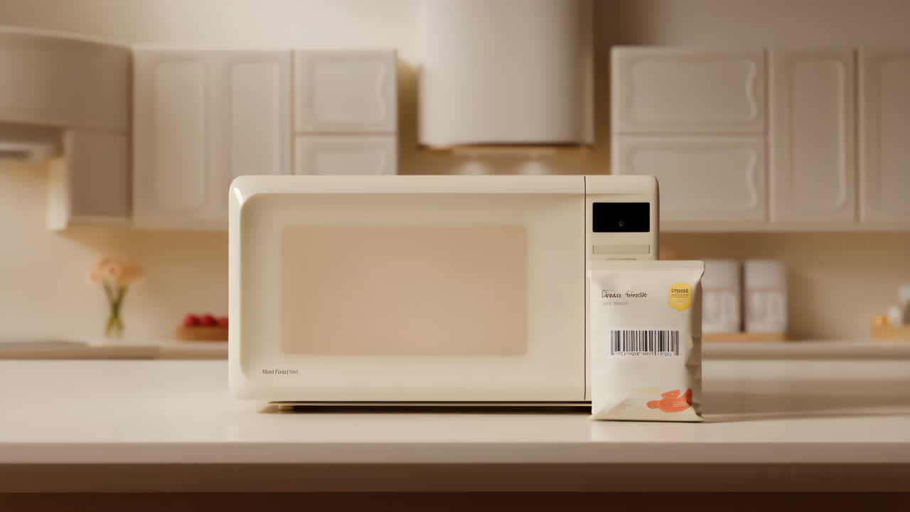 Modern Kitchen with Microwave and Barcode Scanning a Package