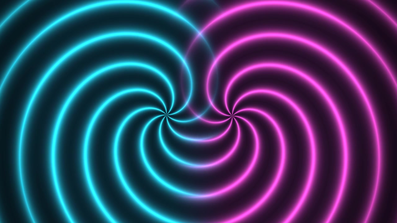 Hypnotisk glødende spiralgangbakgrunn To spiraler med blå og rosa glødende linjer snor seg i et mørkt rom. Bevegelsen skaper en følelse av dybde og energi, og trekker betrakterens oppmerksomhet mot