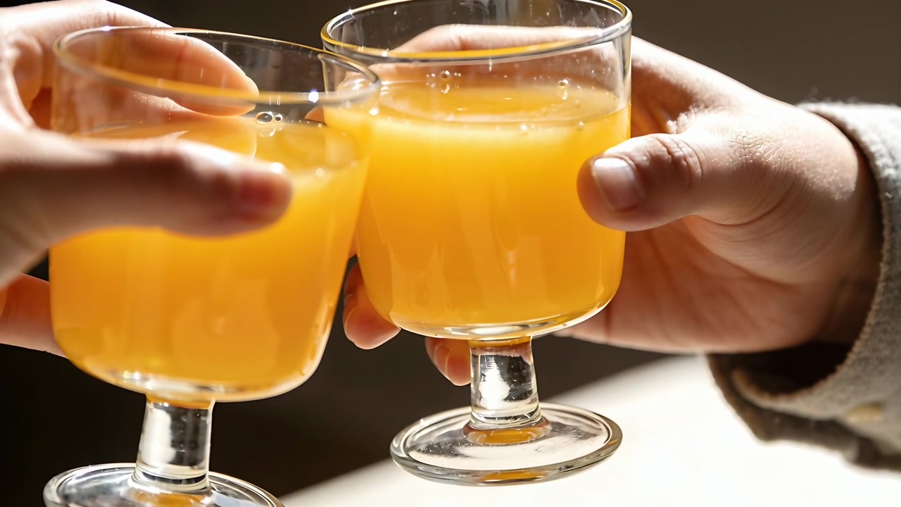 Due mani sollevano bicchieri a stelo che tintinnano al tavolo della cucina, brindando con succo d'arancia, con un polsino chiaro.