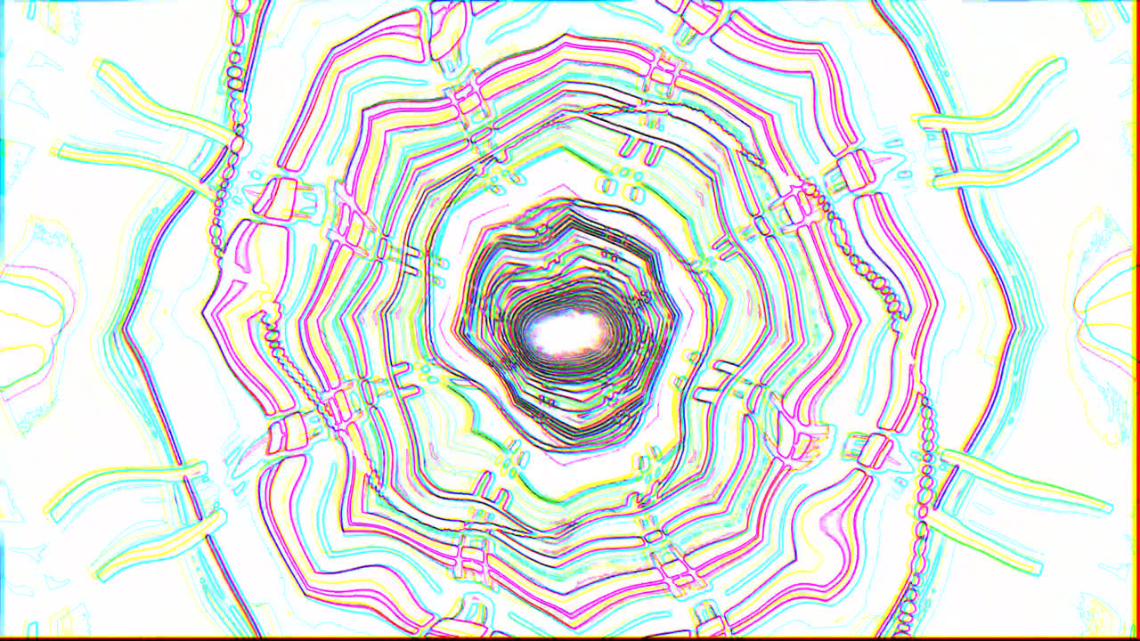 A vibrant tunnel animation features swirling patterns and colors that loop seamlessly. This dynamic visual display creates an engaging atmosphere suitable for screensavers and artistic video projects