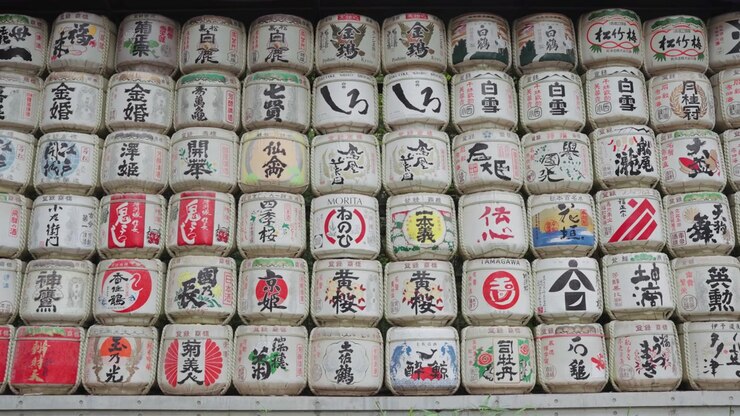Video panoramico di botti di sake colorate al Santuario Meiji Jingu durante il giorno nel Parco Yoyogi a Tokyo.