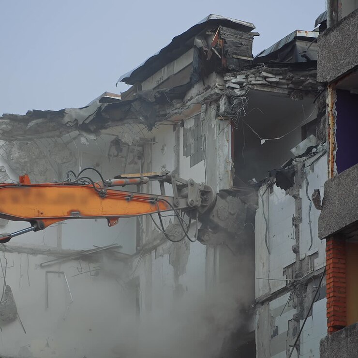 Distruzione dei locali rovinati da un terremoto. Attrezzature di demolizione stanno abbattendo i piani superiori. Nuvole di polvere si alzano nell'aria.
