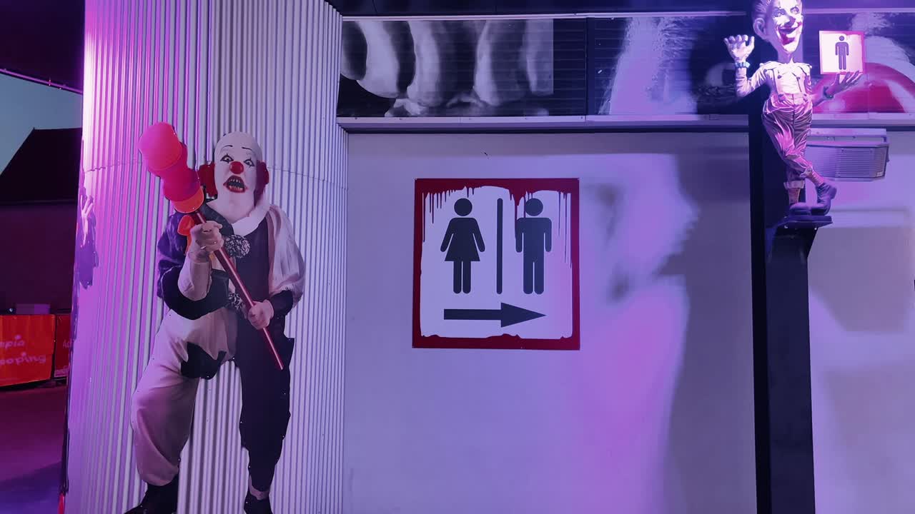 Spooky clown art and restroom sign with eerie lighting in a themed setting