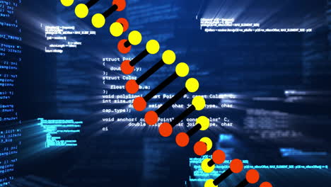 animation of dna strand over data processing on blue background