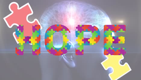 animation of hope text formed with puzzles over glowing human brain on grey background