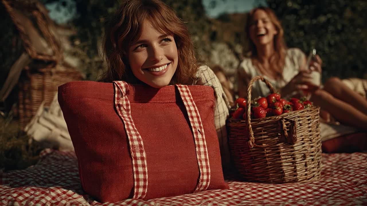 A Joyful Picnic Scene Featuring a Woman with a Red Carry Bag and a Basket Filled with Fresh Strawberries, Surrounded by Greenery and Laughing Friends
