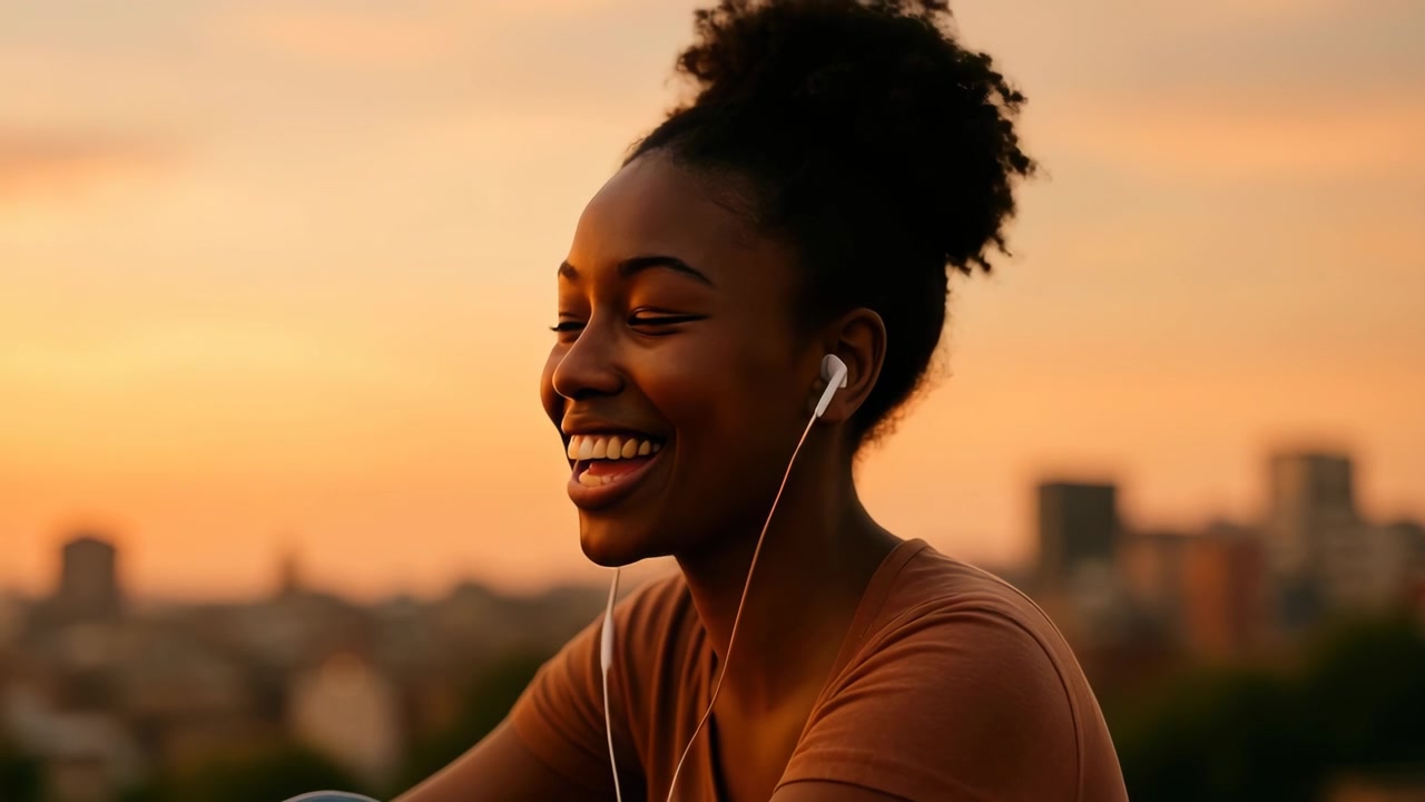 Happy Young Woman Listening to Music Outdoors at Sunset