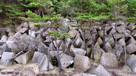 a large pile of manmade triangle rocks and trees