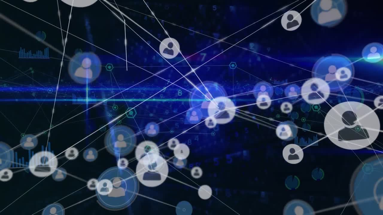 animación de iconos de perfil interconectados con líneas y números sobre el destello azul de la lente