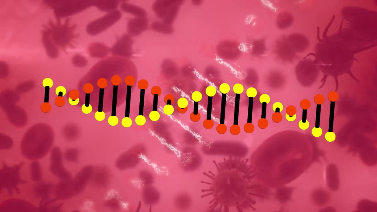 회전하는 3차원 dna 가닥의 애니메이션, 세포 위에서 회전하는, 원과 분홍색 배경