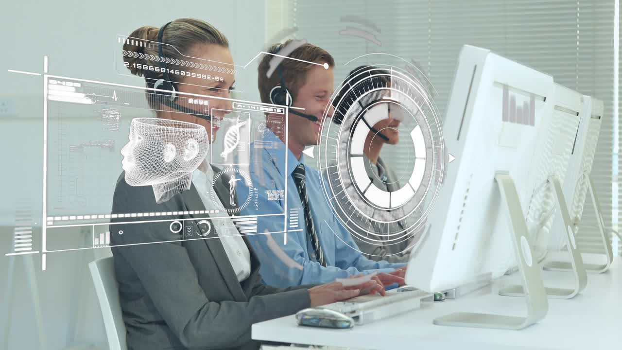 animación de la red de conexiones sobre felices trabajadores de oficina diversos que usan auriculares