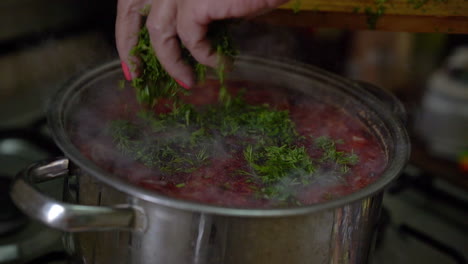 top view of woman's hands fill freshly boiled borscht with chopped fresh dill, in slow motion