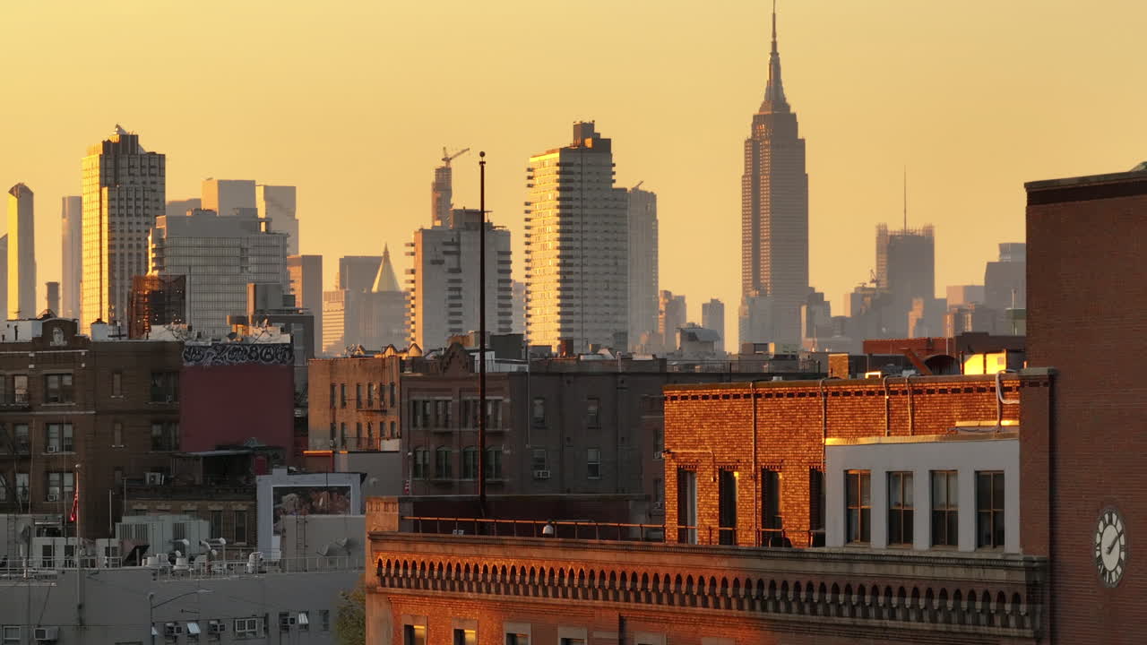 Aerial view of the Empire State Building at sunset. Shot in Brooklyn looking towards midtown Manhattan.