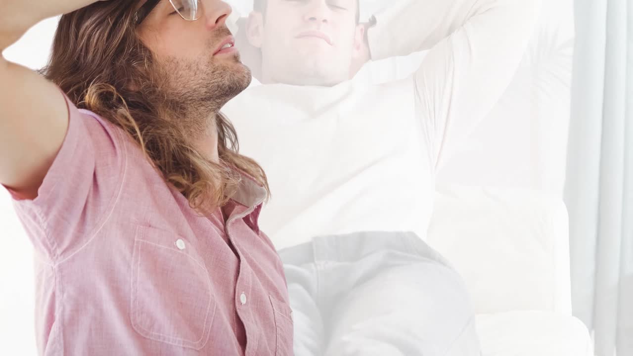 Animation of tired caucasian man over caucasian man lying