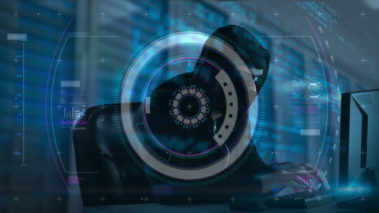 Typing on keyboard, hacker with cybersecurity interface animation over computer screen