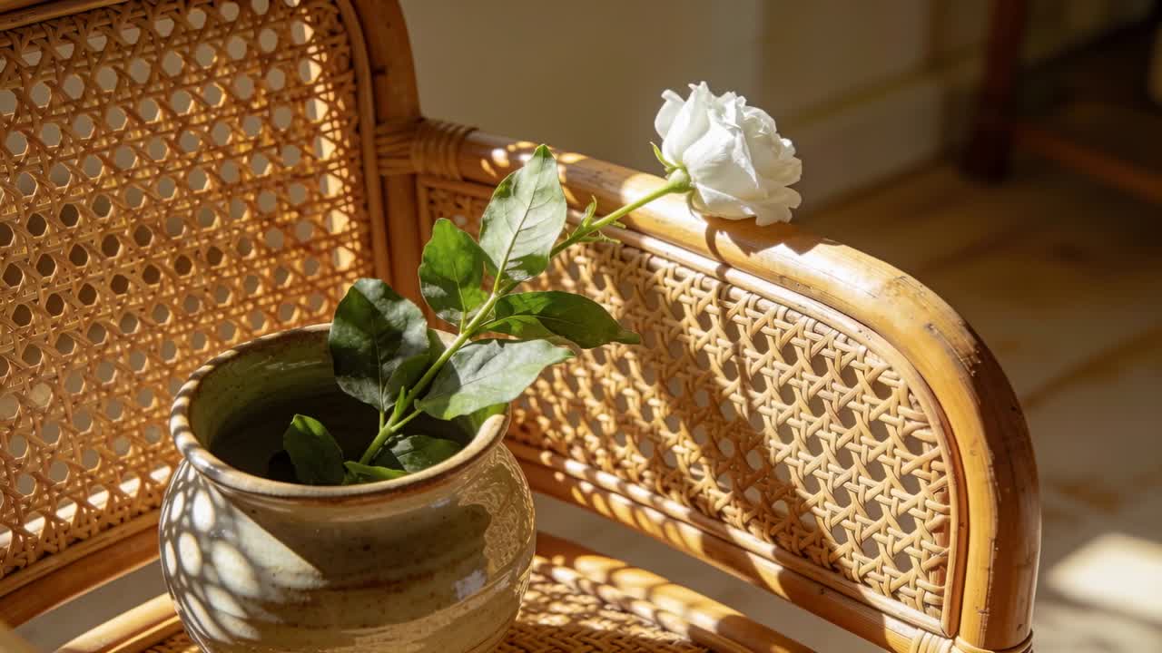 Luce solare che si sposta, illuminando un gambo di rosa bianca in un vaso di ceramica su una sedia di vimini, con ombre a motivi che si muovono.