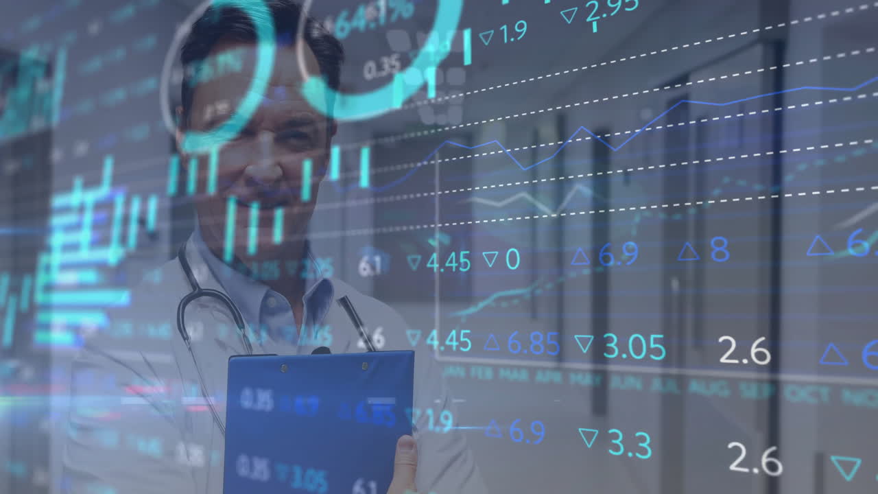 Medical data and statistics animation over doctor holding clipboard in hospital