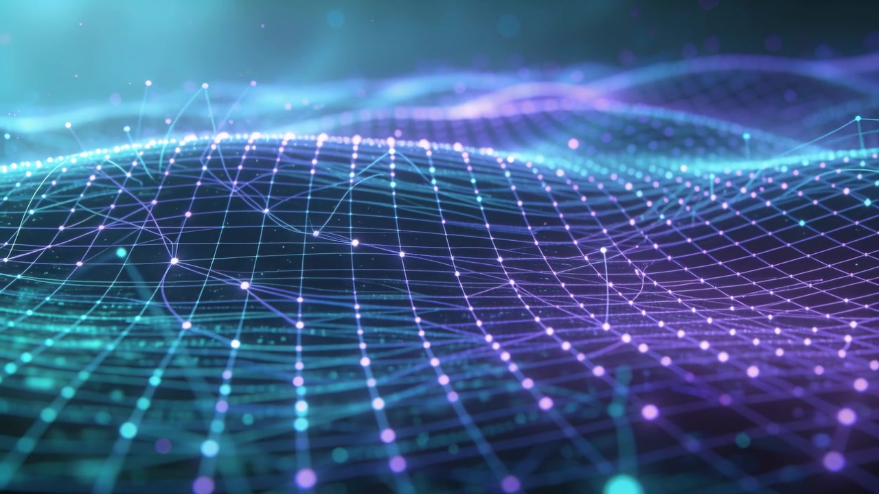 Frame one starting, grid mesh unfolding, rippling with nodes and particles, showing parallax