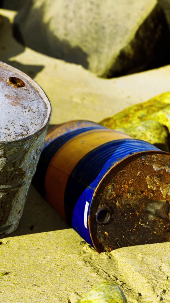 Old barrels on the sandy beach near rocks during bright daylight hours
