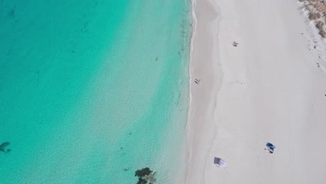 Luftaufnahme-Von-Menschen,-Die-Auf-Dem-Weißen-Sand-Neben-Dem-Klaren-Türkisfarbenen-Meer-In-Der-Bunker-Bay-Im-Westen-Australiens-Spazieren