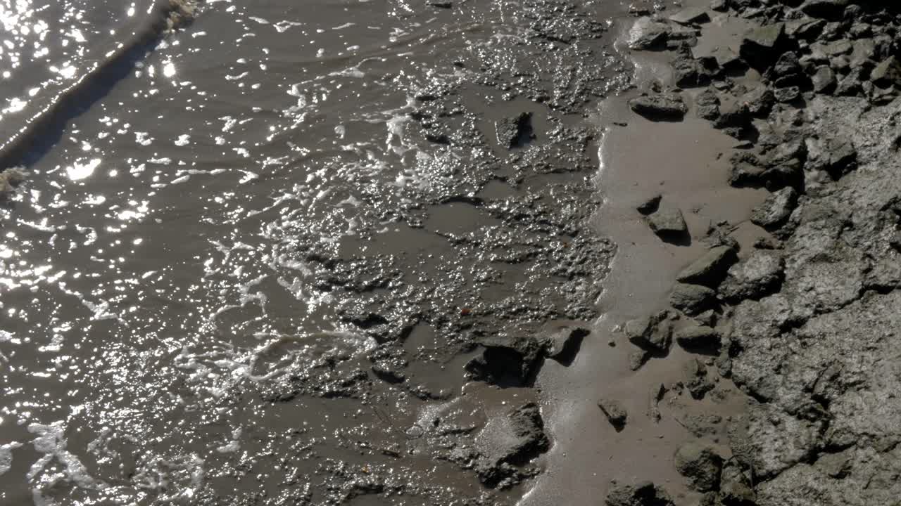 파도가 바위를 치는 브리즈번 시의 오염된 강물