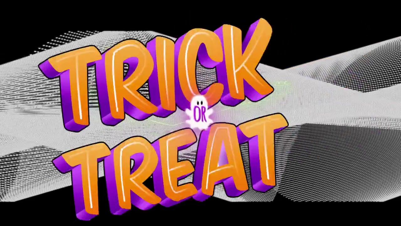 Animatie van spook met 'Trick or Treat' tekst op abstracte zwart-wit achtergrond