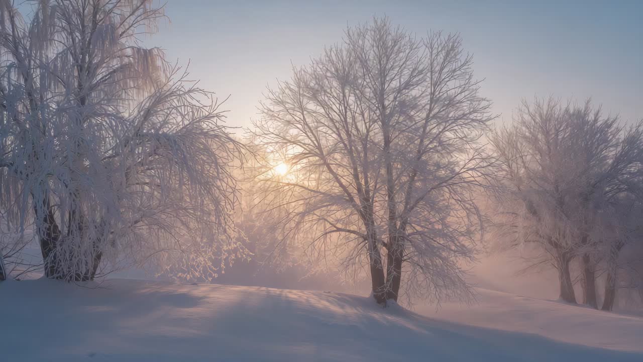 Brightening central frost-coated tree catching rising sun light at snowy meadow, mist thinning