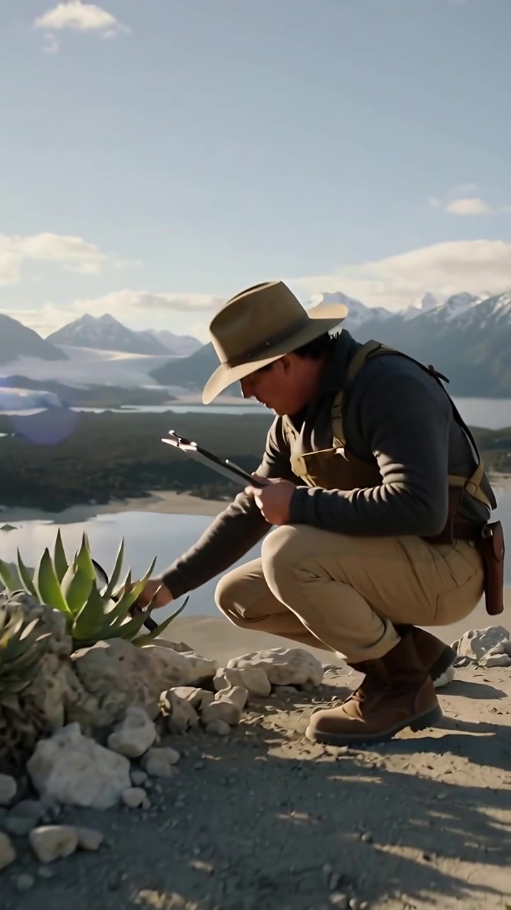 Video verticale: Uomo con cappello e gilet che cammina, individua un'agave su una cresta, si accovaccia e studia una foglia con una lente.