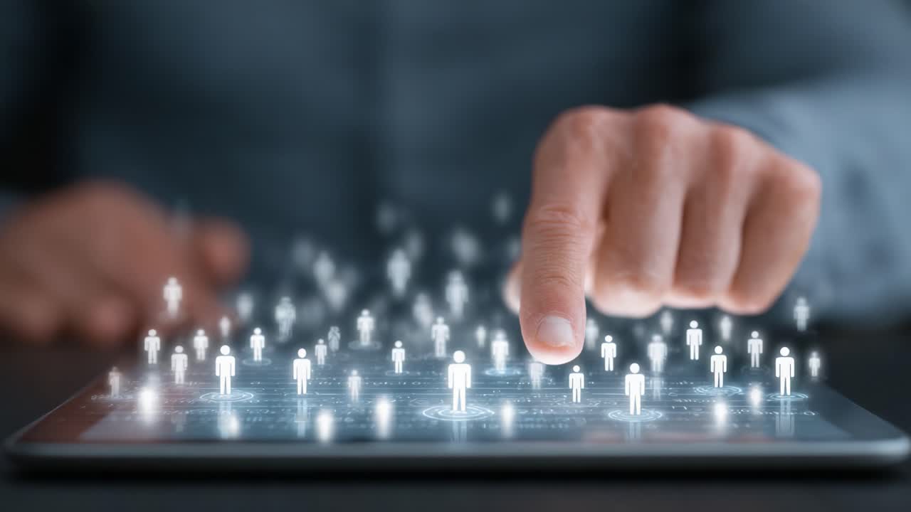 A Close-Up View of a Hand Interacting with a Digital Screen Displaying Network Connections Among Various User Icons, Signifying Data Management and Interaction