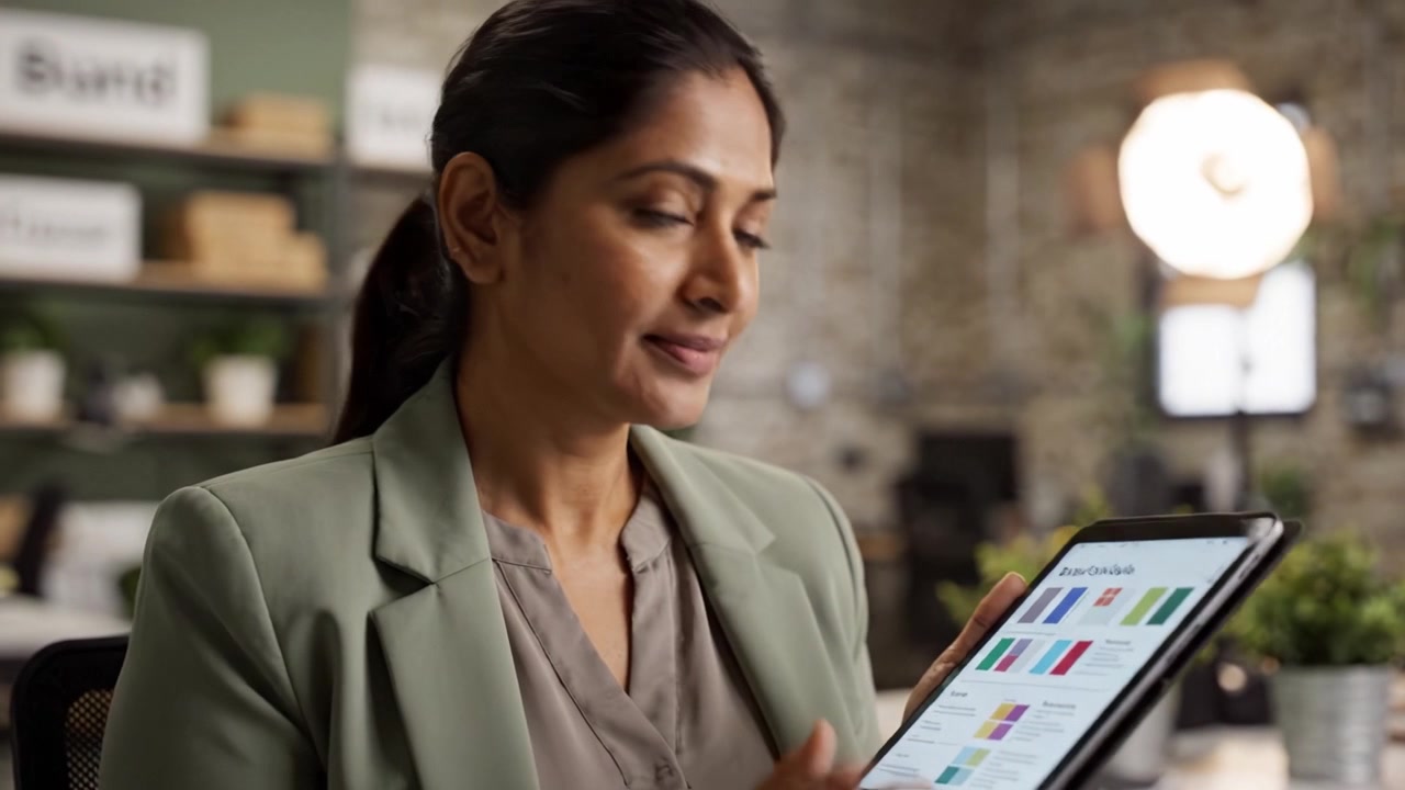 Focused professional analyzing data on a tablet in a modern office environment, showcasing a blend of concentration and satisfaction in their work process.