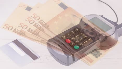 animation of euro banknotes falling over payment terminal