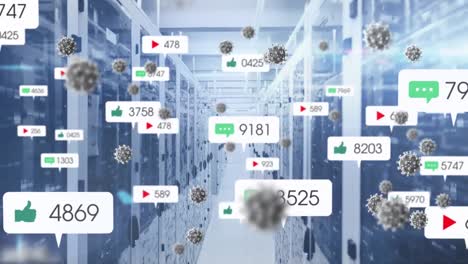 Multiple-covid-19-cells-and-digital-icon-with-increasing-numbers-against-computer-server-room