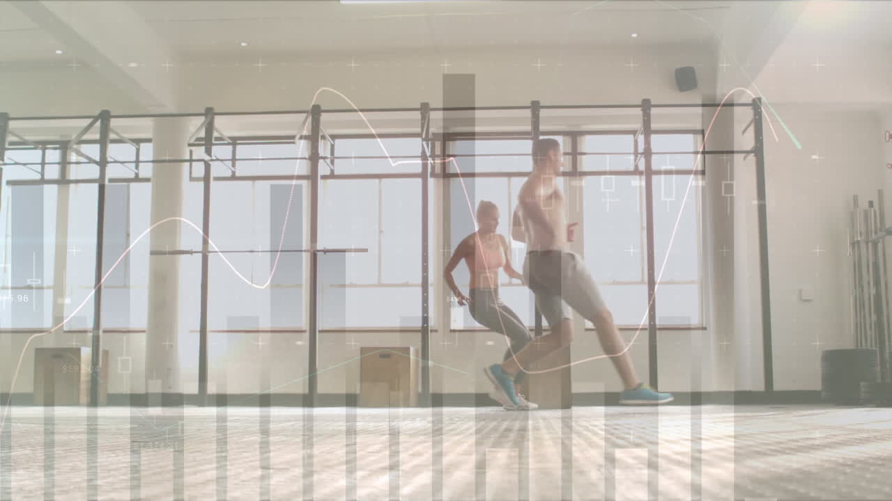 사무실에서 걸어다니는 사업가들에 대한 금융 데이터 처리 애니메이션