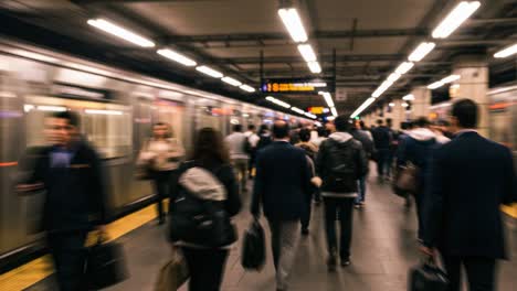 a busy subway station scene capturing the rush of commuters as trains arrive and depart amidst a sea of business attire and moving footsteps