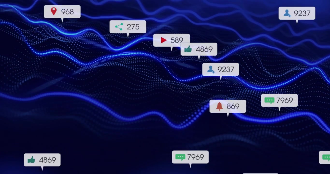Skiftende stiplede linjer danner bølge, igangsætter datamærkater med svingende tællinger, visualiserer engagement.