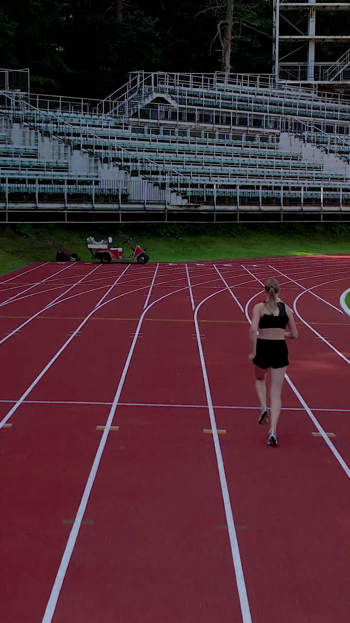 A fit female athlete in black sportswear runs along a red running track at an empty stadium. Perfect for fitness, sports training, and healthy lifestyle content