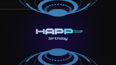 Futuristic-spiral-pattern-blue-background-with-overlapping-circles-and-Happy-Birthday-in-white