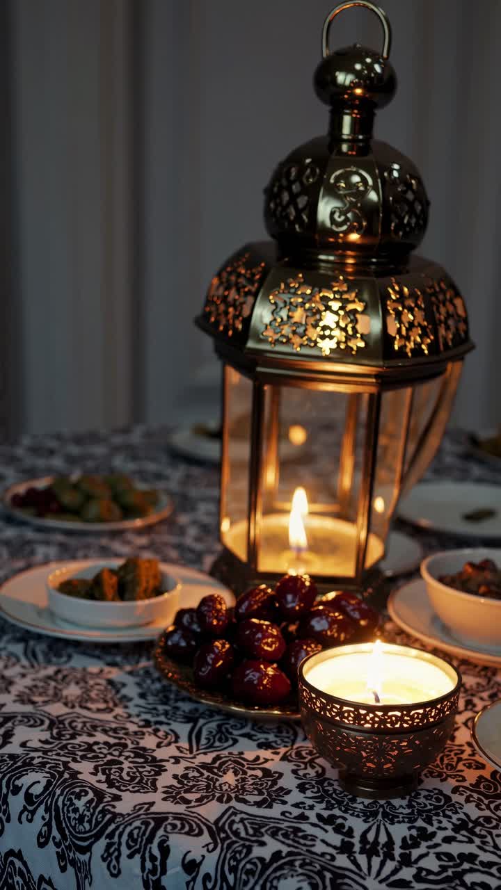 Beautifully decorated table is set for Iftar during Ramadan, featuring a glowing lantern, dates, candles, and traditional dishes, creating a warm and inviting atmosphere