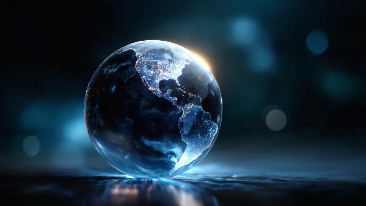 En vakkert opplyst globus som viser jorden med livlige farger og intrikate detaljer, og symboliserer planetens skjønnhet og kompleksitet i mystiske omgivelser.
