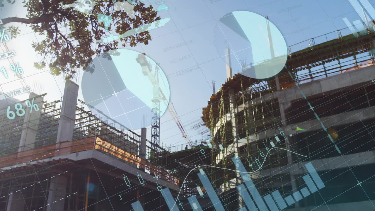 Construction site with data visualization animation overlaid on building framework